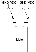 The configuration of the two SPDT Relays. C terminals go to the motor, NC to GND, and NO to VDC